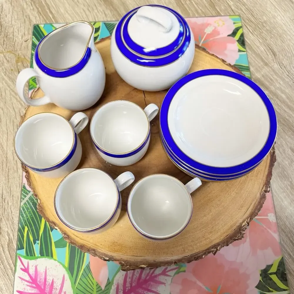 Vintage Walbrzych Poland Demitasse Espresso Set Blue Gold Porcelain 10 Pc RARE
